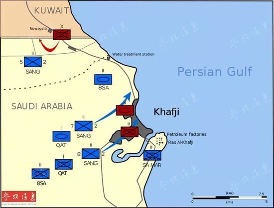 图中灰色区域为海夫吉，可以看到从科威特通向沙特的交通线穿城而过