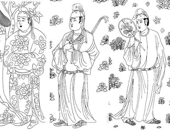 左：开元二十五年（737年）武惠妃墓石椁线刻画（线描图）；中右：天宝元年（741年）“让皇帝”李宪墓石椁线刻画（线描图）