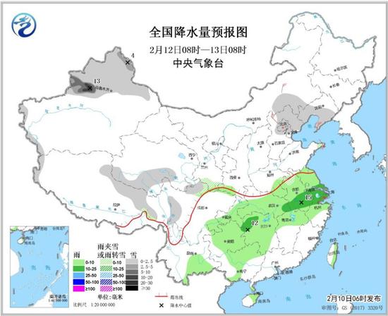 图3 全国降水量预报图（2月12日08时-13日08时）