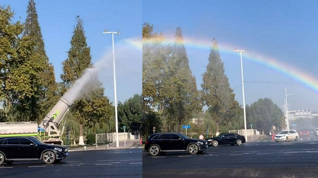 一路长虹!南京一洒水车洒出彩虹