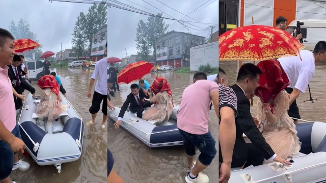 结婚当日遇积水,新郎特意准备皮划艇接亲,网友:百年修得同船渡