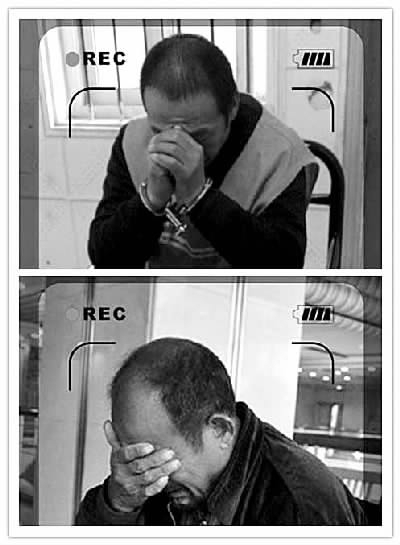 田青松在痛悔(上)，被害人的父亲在痛哭(下)。