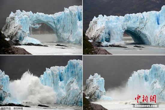 当地时间2016年3月10日，阿根廷圣克鲁斯省西南部冰川国家公园中的莫雷诺冰川拱门“冰桥”部分发生裂缝和垮塌。