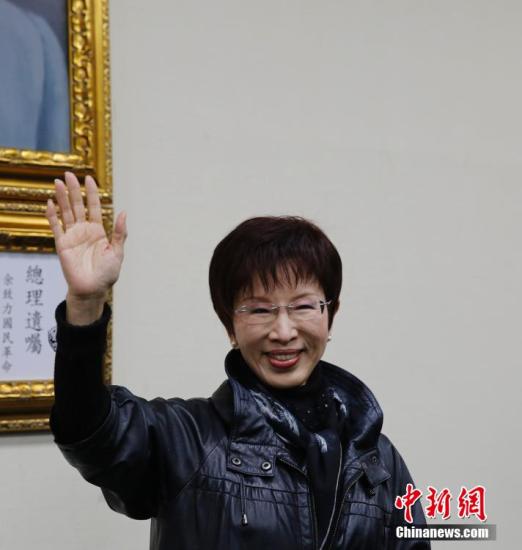 资料图：3月26日，中国国民党举行党主席补选，洪秀柱（中）以78829票当选，得票率为56.16%，成为国民党历史上首位女性党主席。 晚七时许，洪秀柱抵达党部发表当选感言。中新社记者 郑巧 摄