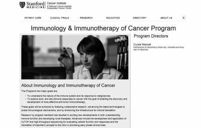 美国斯坦福大学官网关于肿瘤免疫疗法研究课题的介绍。网页截图
