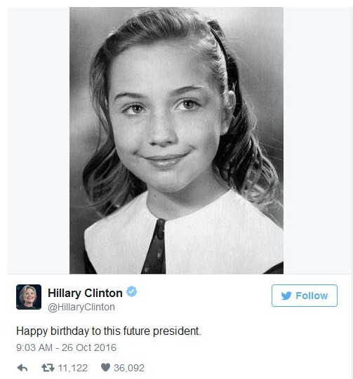 希拉里发推为自己庆生 称自己为未来的总统。（网页截图）