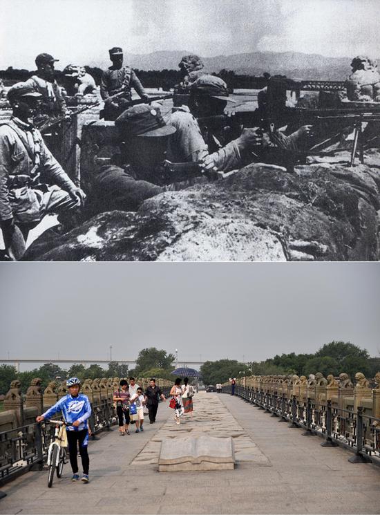 拼版照片:上图为中国军队在卢沟桥抵抗日军进攻(资料照片);下图为