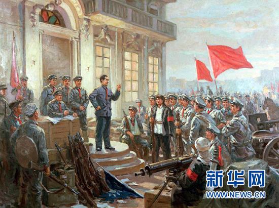 这是反映南昌起义的油画。新华社发