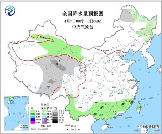 图4 全国降水量预报图（4月7日08时-8日08时）