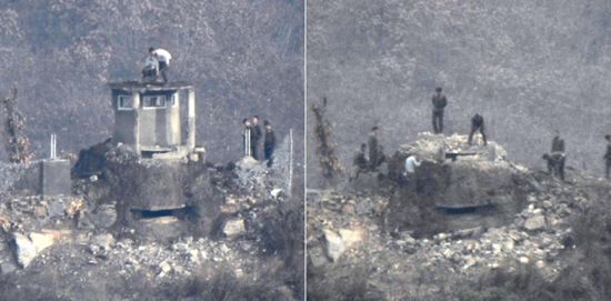 朝鲜军人拆除哨所现场（韩国《中央日报》）