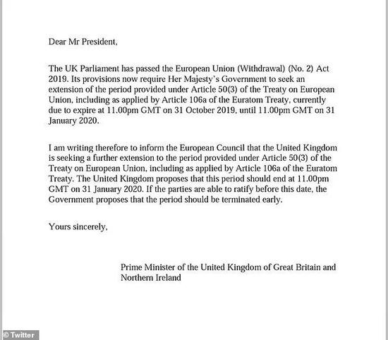 ▲约翰逊致函欧盟要求延迟脱欧，但没有在信上签名。图/英国《每日邮报》