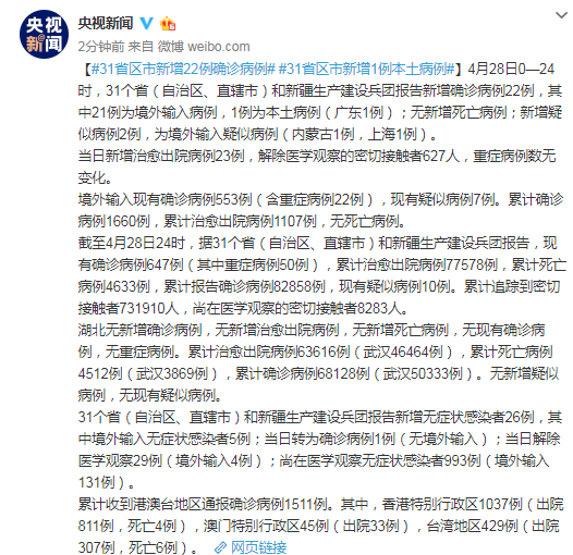 31省区市新增22例确诊病例 31省区市新增1例本土病