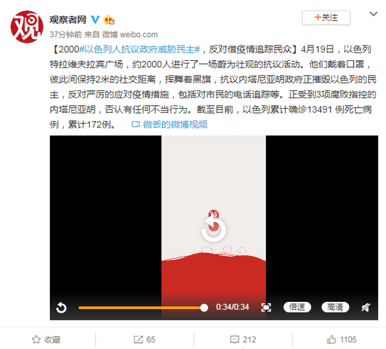 2000以色列人抗议政府威胁民主，反对借疫情追踪