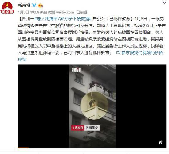 老人用绳吊7岁孙子下楼救猫 居委会：已批评教育