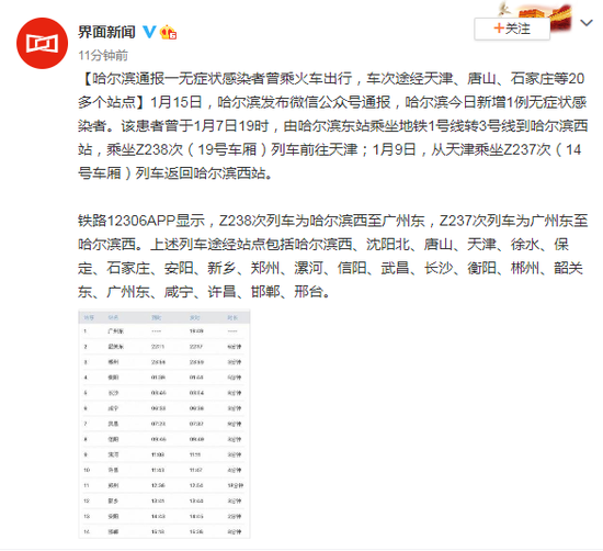 乘坐z238次(19号车厢)列车前往天津;1月9日,从天津乘坐z237