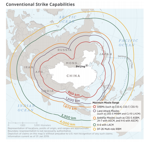 美国国防部评估出的中国常规武装力量打击范围 图源：美国政府