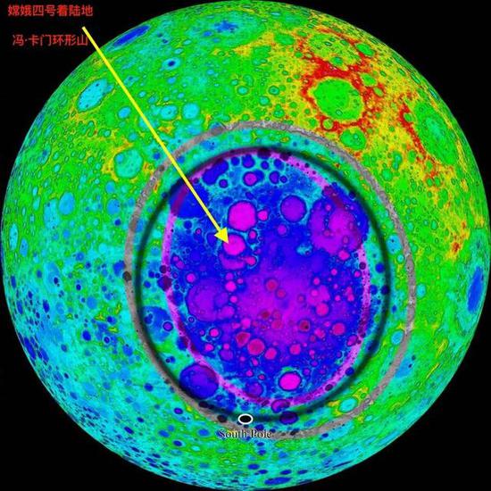 南极-艾特肯盆地的地形图复杂水平远超其他地方,图中标注处即冯·卡门环形山