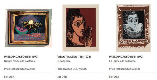 部分拍卖的毕加索画作（图片来源：截自佳士得官网）