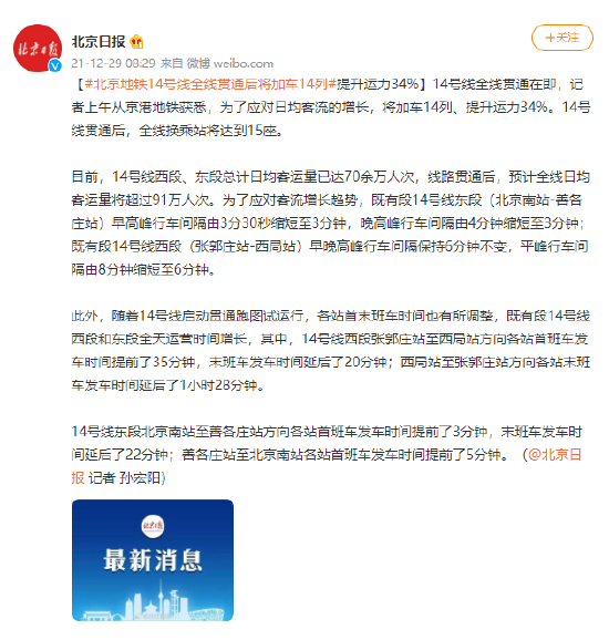 北京地铁14号线全线贯通后将加车14列 提升运力34%