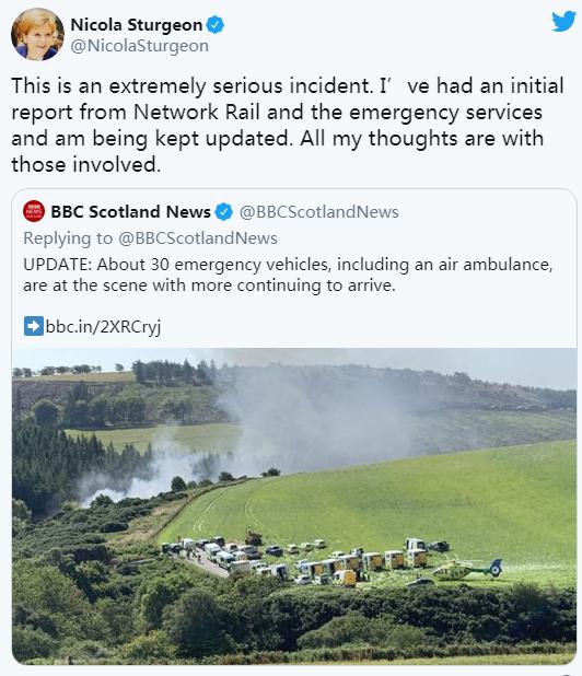苏格兰首席大臣斯特金在社交媒体上表示，事故“极其严重”。图片来源：斯特金社交媒体截图。