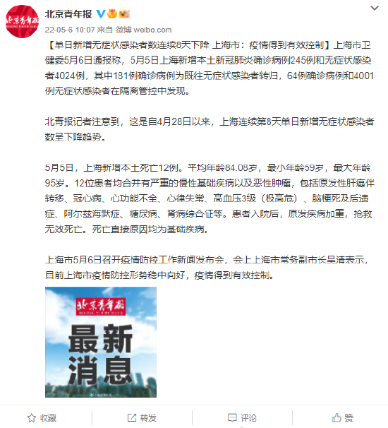 单日新增无症状感染者数连续8天下降 上海市：疫情得到有效控制