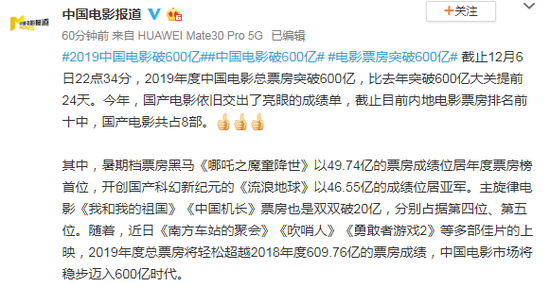 2019年度中国电影票房破600亿 比去年提前24天