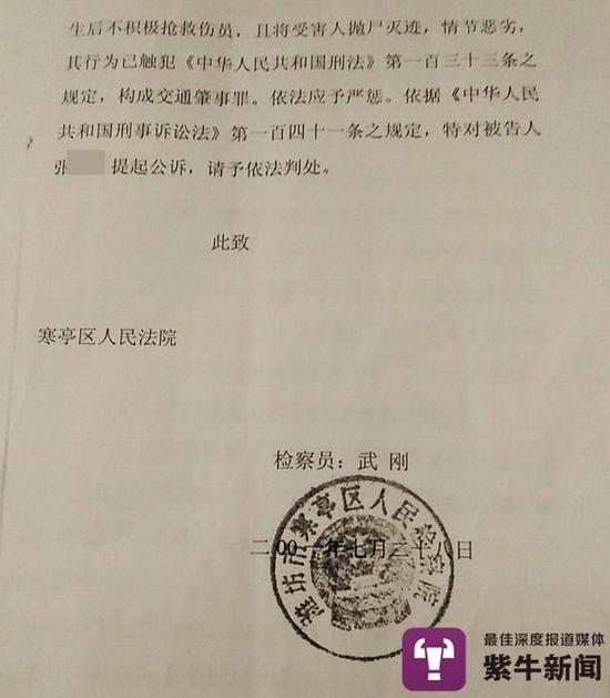 寒亭区人民检察院对张某某的起诉书