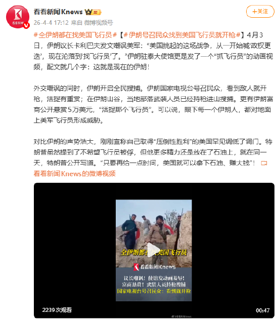 伊朗号召民众找到美国飞行员就开枪