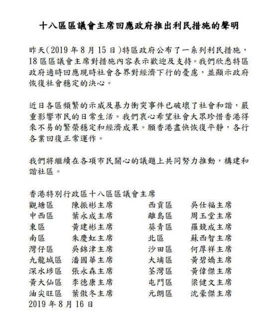 △十八区区议会主席联署支持特区政府推出利民措施