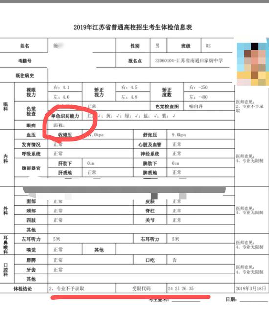 体检信息表显示，施某被检出“弱视”，体检结论为“专业不予录取”。本文图片由学生家长提供