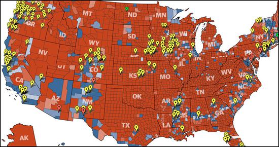 2016年总统大选，美国投票倾向图（图源：infowars）