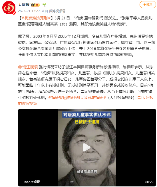 人贩子梅姨落网 律师：她难逃死刑