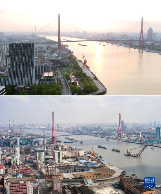  ↑前图为2022年7月28日拍摄的杨浦滨江（无人机照片）；后图为2013年2月16日拍摄的杨浦滨江旧貌。
