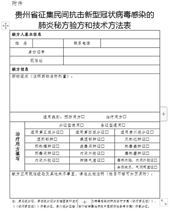 贵州省中医药管理关于征集抗击新冠肺炎药方的报名信息表。截图