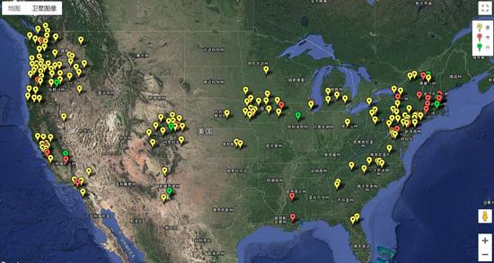 目前美国“庇护城市”分布，黄红绿三色分别代表县、市、州（图源：移民研究中心 CIS）