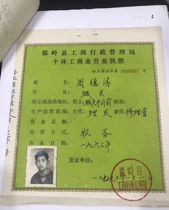 改革开放后首张个体户营业执照时间:核发于1979年