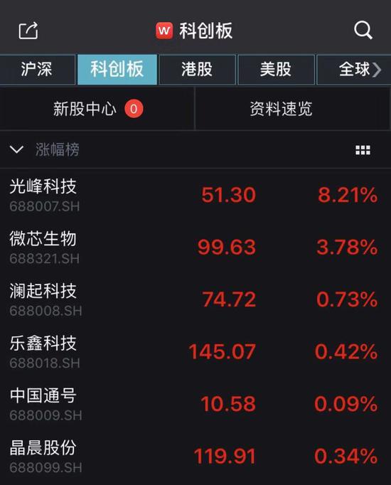 科创板涨幅靠前股 Wind截图