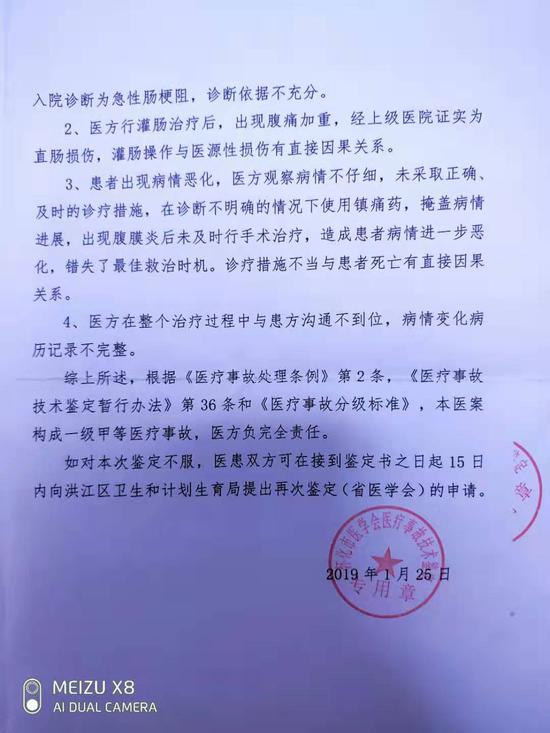 怀化市医学会的医疗事故鉴定书（部分）。该鉴定认为，本医案构成一级甲等医疗事故。 受访者 供图