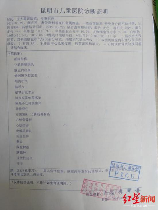 ↑昆明市儿童医院诊断证明,孩子多处受伤或感染