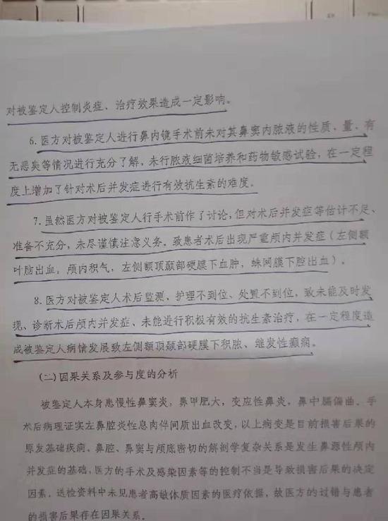 司法鉴定意见书显示，武汉市普爱医院给小林实施鼻窦炎手术时，存在5方面过错。受访者供图