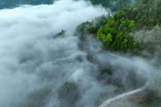 雾气升腾弥漫山村