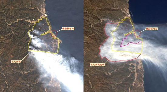 　　当地时间3月6日，从我国海洋一号C/D卫星获取的韩国东南部山林遥感影像图显示，当日山林大火从黄色区域蔓延至红色区域。红圈内为韩蔚核电站。@央视新闻客户端 图