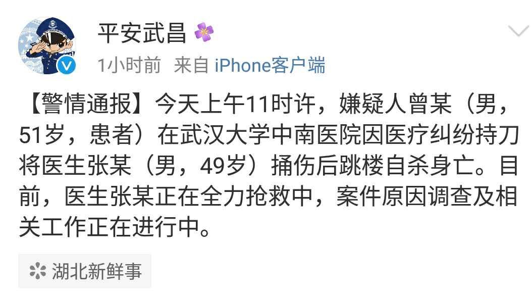 武汉市武昌区公安分局13时发布警情通报。微博截图