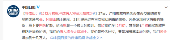 钟南山：如12月初就严防病人将会大幅减少