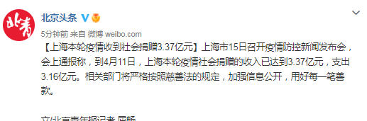 上海本轮疫情收到社会捐赠3.37亿元