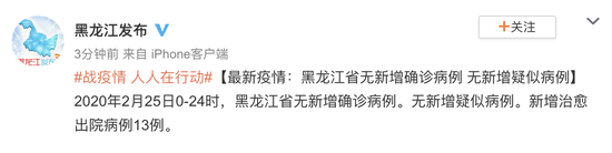 黑龙江无新增确诊病例 无新增疑似病例