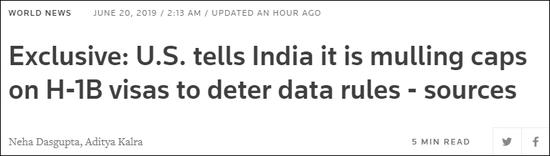 独家：美国告知印度，为在数据管理问题上施压正考虑限制其H-1B签证数量 路透社