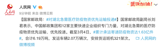 国家邮政局:对湖北急需医疗防疫物资优先运输投
