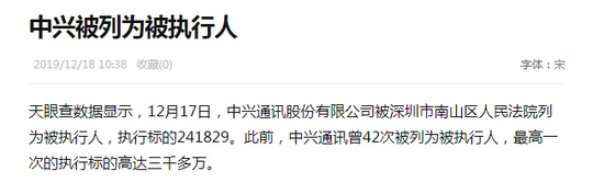 中兴被列为被执行人 此前曾42次被列为被执行人