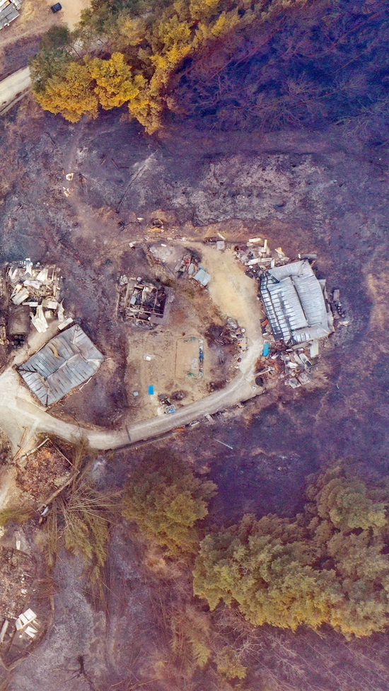 当地时间3月6日，韩国庆尚北道蔚珍郡，北面一带山火延烧，民房被烧毁。